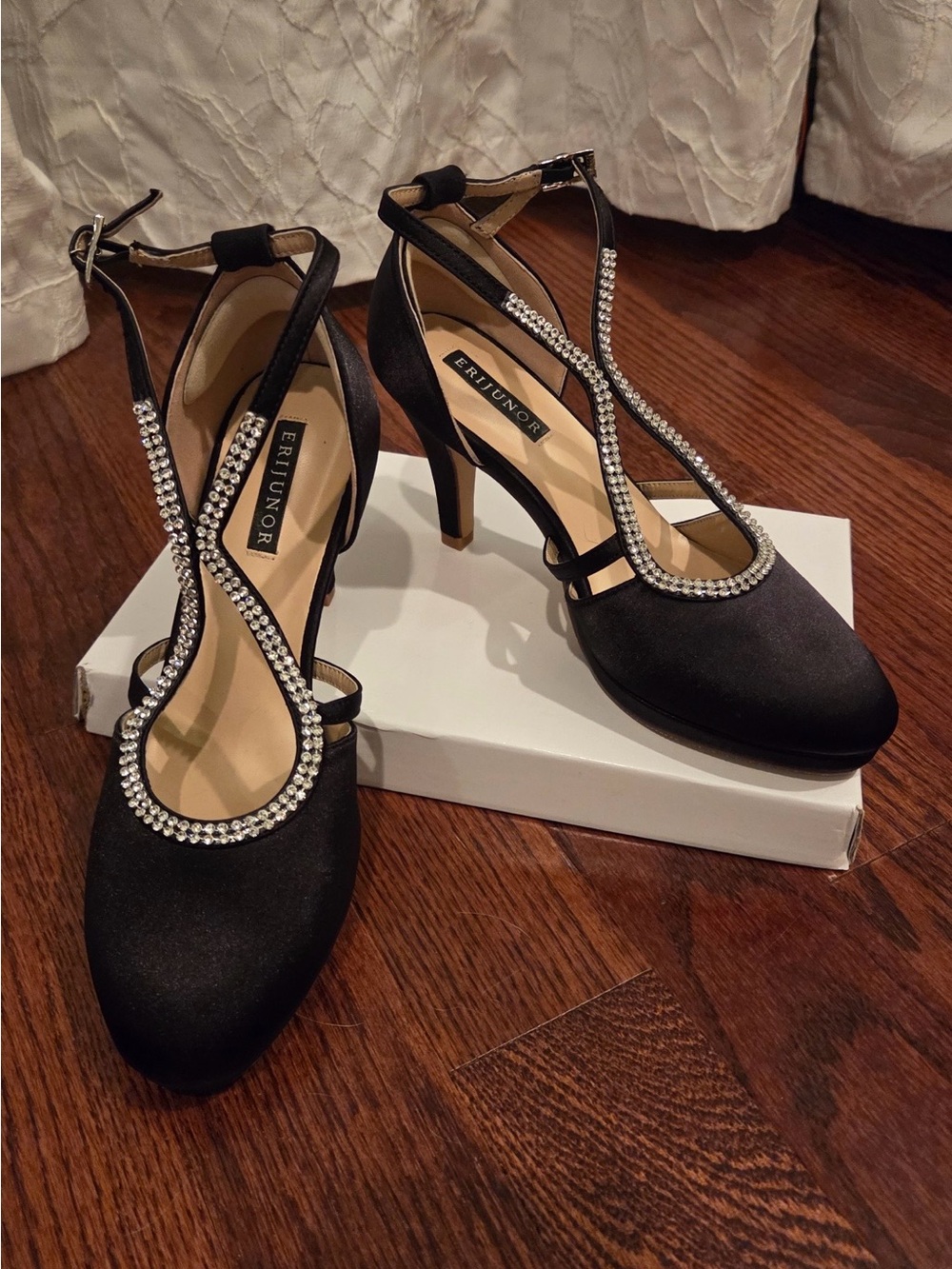 Black Satin T-Strap Rhinestone Heels